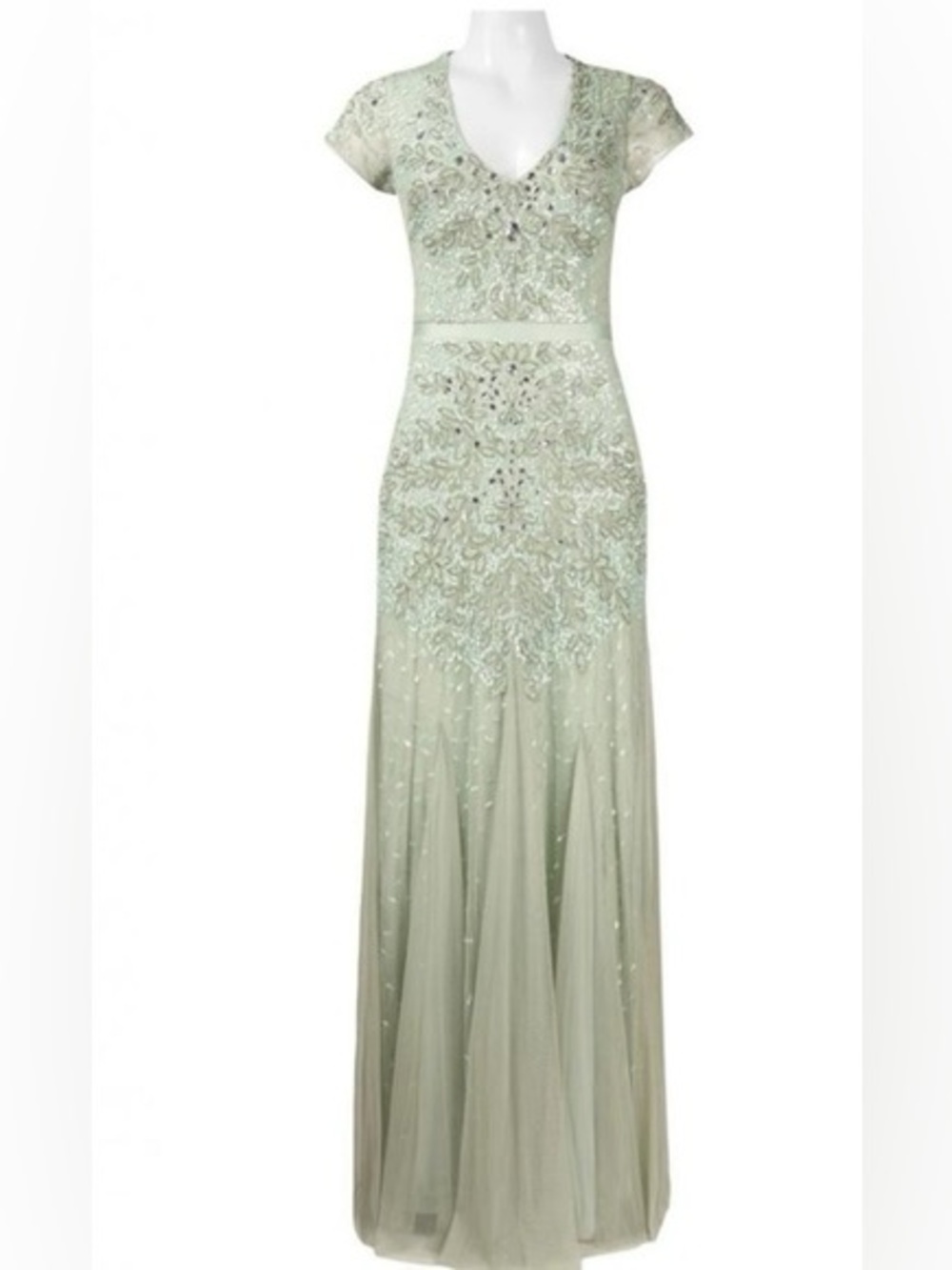 Adrianna Papell Elegant Beaded V-Neck Evening Dress - Mint Green Sz 12